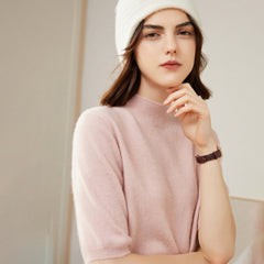 Women's 100% Cashmere Short Sleeve Mock Neck Sweater