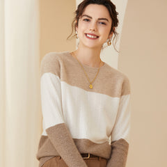 Women's Soft Knit Crewneck  Mixed Color-Block Cashmere Sweater