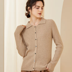 Women’s Soft Knit Button-Up Ribbed Shirt Cashmere Cardigan