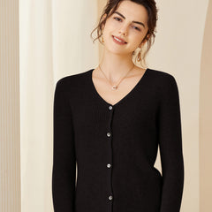 Ribbed V-Neck Soft Knit Button-Up Cashmere Cardigan
