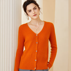 Ribbed V-Neck Soft Knit Button-Up Cashmere Cardigan
