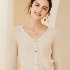 Ribbed V-Neck Soft Knit Button-Up Cashmere Cardigan