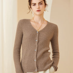 Ribbed V-Neck Soft Knit Button-Up Cashmere Cardigan