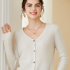 Ribbed V-Neck Soft Knit Button-Up Cashmere Cardigan