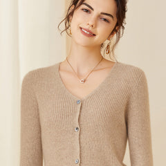 Ribbed V-Neck Soft Knit Button-Up Cashmere Cardigan