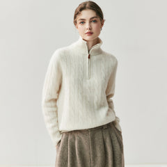Cashmere Half-Zip Turtleneck Sweater Ribbed Knit Pullover with High Collar