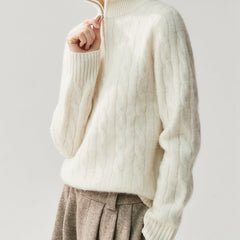 Cashmere Half-Zip Turtleneck Sweater Ribbed Knit Pullover with High Collar
