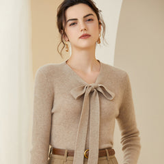 Women V Neck Bow-Tie Elegant Soft Knit Top Cashmere Sweater