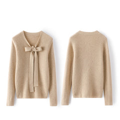 Women V Neck Bow-Tie Elegant Soft Knit Top Cashmere Sweater