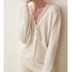 Cashmere Lace Trim V-Neck Button Front Cardigan Soft Knit Sweater Top