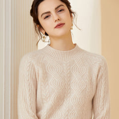 Soft Textured Knit Pullover Warm Cable Mock-Neck Cashmere Sweater