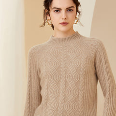 Soft Textured Knit Pullover Warm Cable Mock-Neck Cashmere Sweater