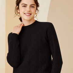 Soft Textured Knit Pullover Warm Cable Mock-Neck Cashmere Sweater