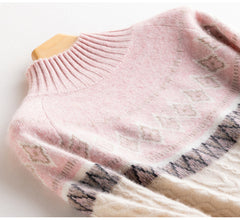 Women’s Soft Cashmere Cable Knit Fair Isle Pattern Turtleneck Sweater