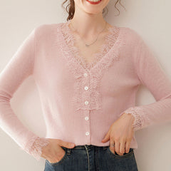 Cashmere Lace Trim V-Neck Button Front Cardigan Soft Knit Sweater Top