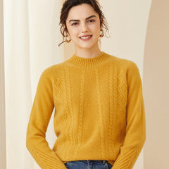 Women's Mock Neck Classic Cable Knit Pullover Cashmere Sweater