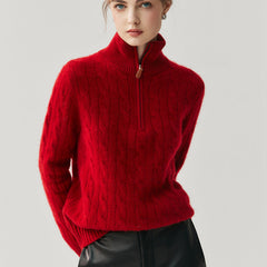 Cashmere Half-Zip Turtleneck Sweater Ribbed Knit Pullover with High Collar