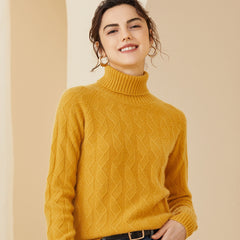 Women's Cashmere Warm Turtleneck Sweater Textured Cable Knit Top