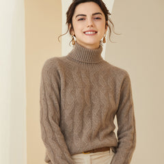 Women's Cashmere Warm Turtleneck Sweater Textured Cable Knit Top