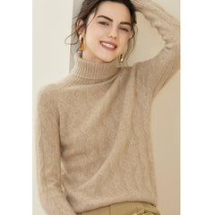 Women's Cashmere Warm Turtleneck Sweater Textured Cable Knit Top