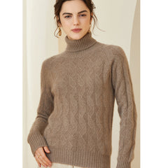 Women's Cashmere Warm Turtleneck Sweater Textured Cable Knit Top