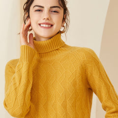Women's Cashmere Warm Turtleneck Sweater Textured Cable Knit Top