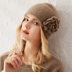 100% Cashmere Beanie Hat for Women Winter Flower Cashmere Hat