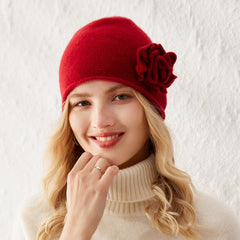 100% Cashmere Beanie Hat for Women Winter Flower Cashmere Hat