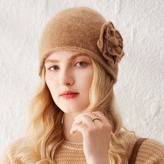 100% Cashmere Beanie Hat for Women Winter Flower Cashmere Hat