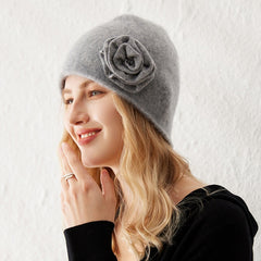 100% Cashmere Beanie Hat for Women Winter Flower Cashmere Hat