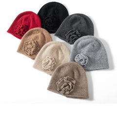 100% Cashmere Beanie Hat for Women Winter Flower Cashmere Hat