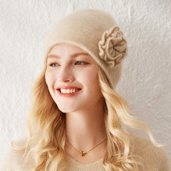 100% Cashmere Beanie Hat for Women Winter Flower Cashmere Hat
