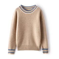 Women's Crewneck Cashmere Sweater with Contrast Stripe Trim