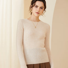 Classic Crewneck Pullover Soft Cashmere Ribbed Knit Sweater