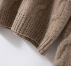 Cashmere Cable Knit Crew Neck Relaxed Fit Pullover Sweater with Ribbed Cuffs