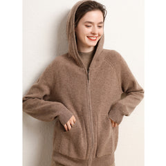 Soft Knit Jacket with Pockets Hooded  Zip Up Cashmere Cardigan
