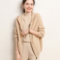 Soft Knit Jacket with Pockets Hooded  Zip Up Cashmere Cardigan