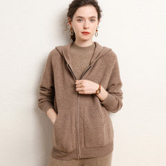Soft Knit Jacket with Pockets Hooded  Zip Up Cashmere Cardigan