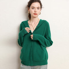 Soft Knit Jacket with Pockets Hooded  Zip Up Cashmere Cardigan