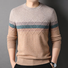 Crew Neck 100% Pure Cashmere Geometric Stripe Pattern Sweater