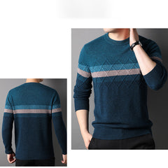 Crew Neck 100% Pure Cashmere Geometric Stripe Pattern Sweater