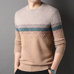 Crew Neck 100% Pure Cashmere Geometric Stripe Pattern Sweater