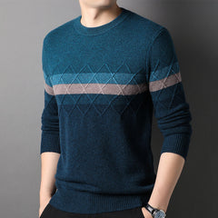 Crew Neck 100% Pure Cashmere Geometric Stripe Pattern Sweater