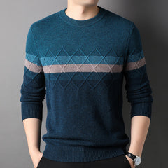 Crew Neck 100% Pure Cashmere Geometric Stripe Pattern Sweater