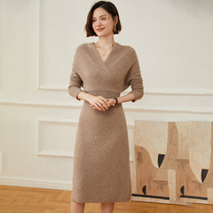Women's V-Neck Long Wrap Ribbed Wrap Midi Knit Sweater Dress