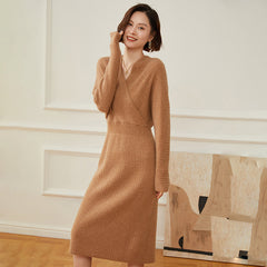Women's V-Neck Long Wrap Ribbed Wrap Midi Knit Sweater Dress