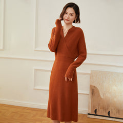 Women's V-Neck Long Wrap Ribbed Wrap Midi Knit Sweater Dress