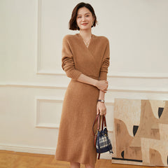 Women's V-Neck Long Wrap Ribbed Wrap Midi Knit Sweater Dress