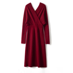 Women's V-Neck Long Wrap Ribbed Wrap Midi Knit Sweater Dress