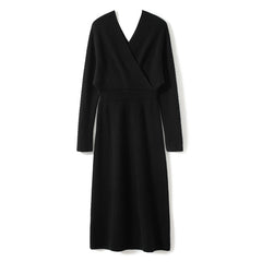 Women's V-Neck Long Wrap Ribbed Wrap Midi Knit Sweater Dress